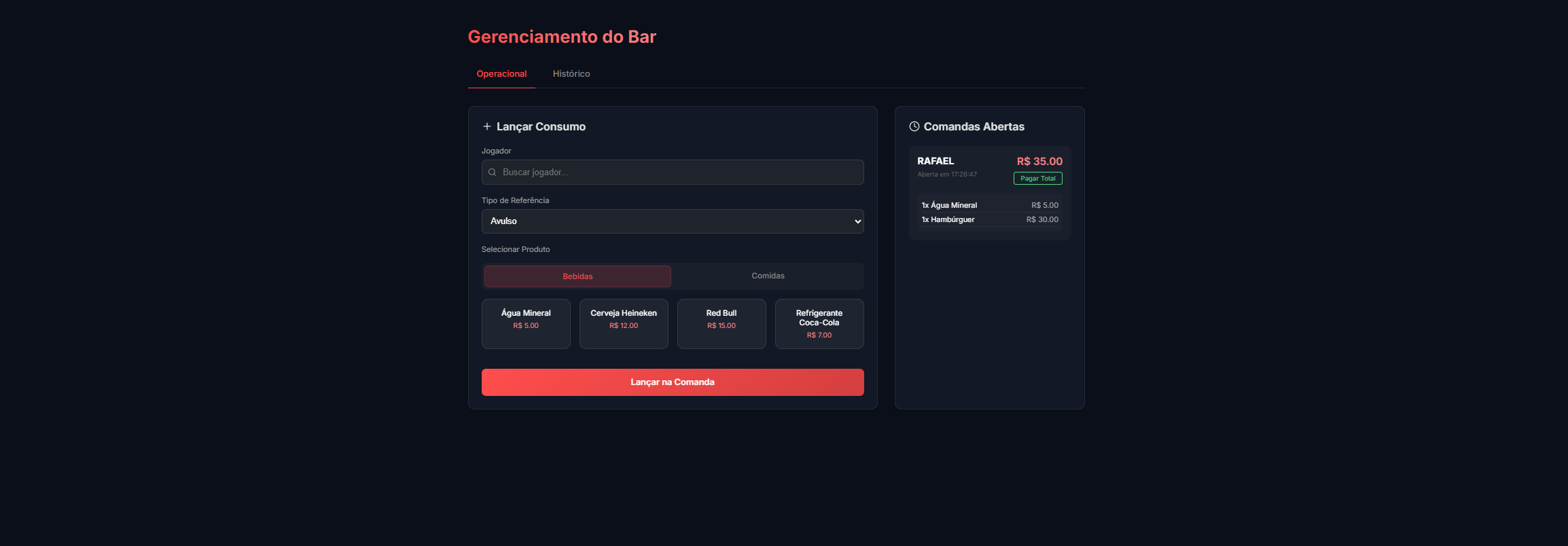 Tela de Bar & Consumo do Gestoker