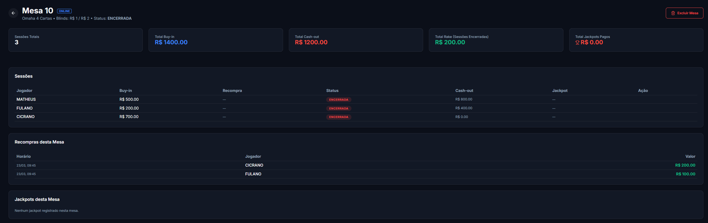 Tela de Cash Game do Gestoker
